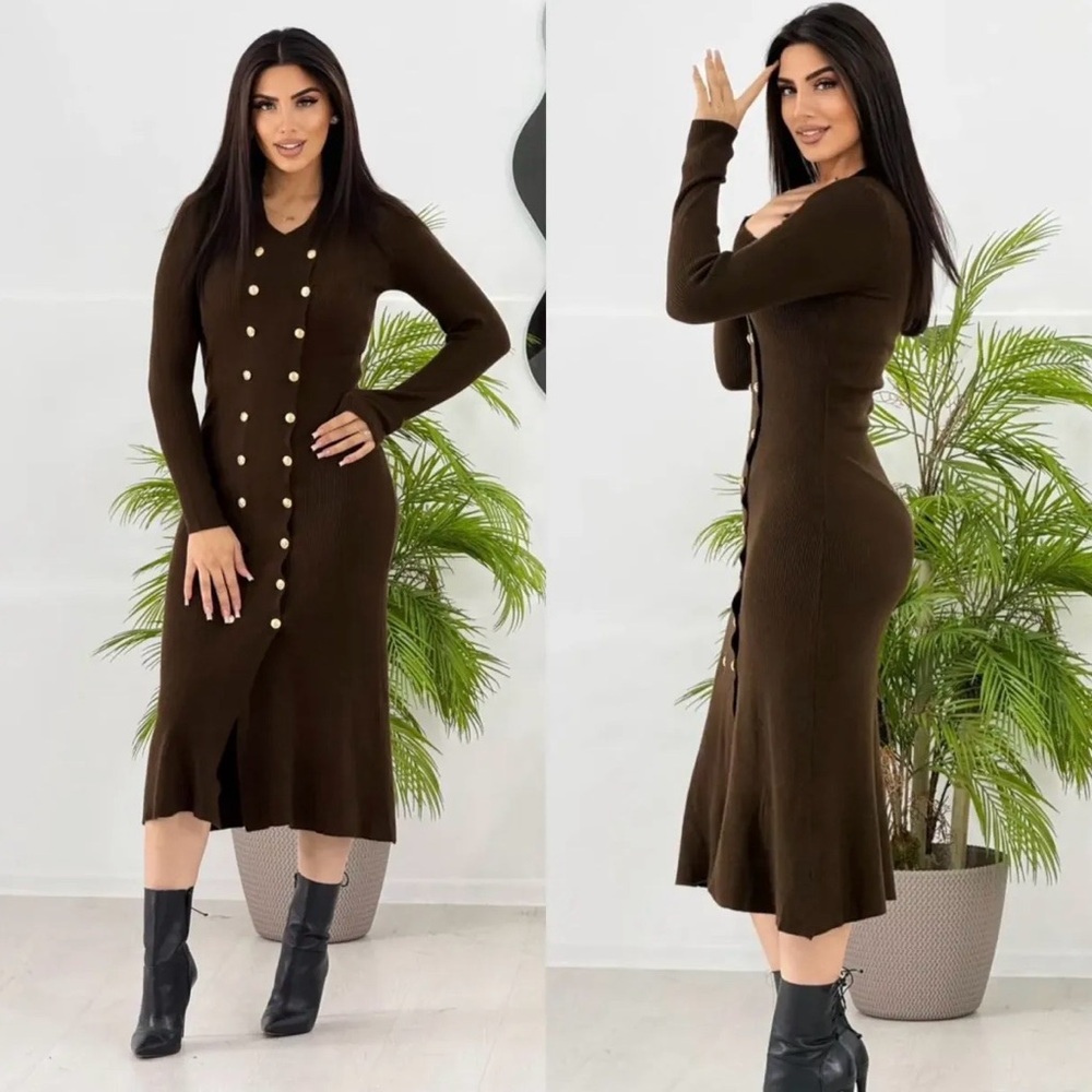 Rihoas Brown Ribbed Midi Dress size Small